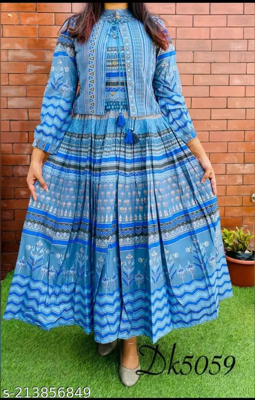 Aqua Blue Anarkali Long Kurta with Stylish Jacket - Rayon, Three-Quarter Sleeves, Plus Size to 7XL
