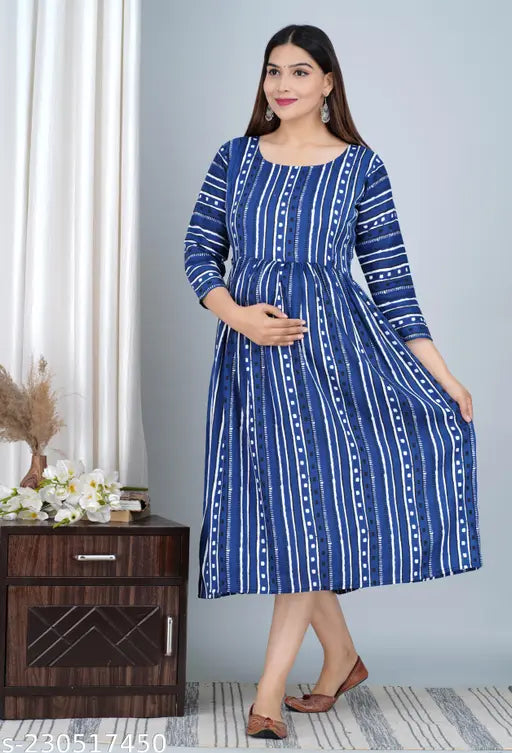 Rayon printed Anarkali maternity zip kurta, three-quarter sleeves, feeding-friendly, India origin