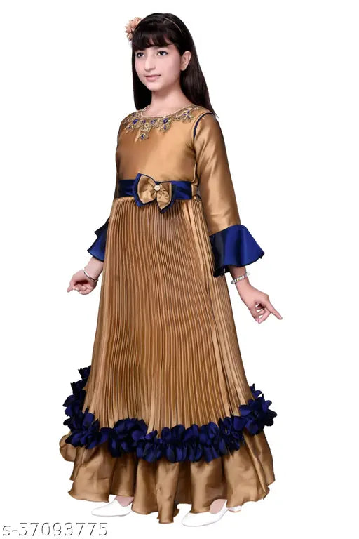Multicolor poly silk ethnic gown for girls, embroidered net pattern. Comfortable and elegant for ages 7-12 years. Indian designer dress, high-quality material, size 7-8 Years (Bust 28 in, Length 38 in)