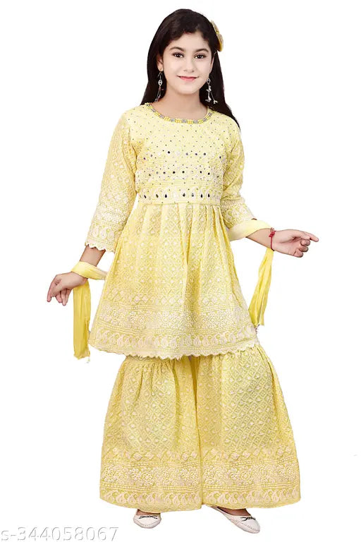 Girls ethnic wear set with A-line palazzos and embroidered top, cotton quality. Indian traditional attire for girls aged 4-12 years
