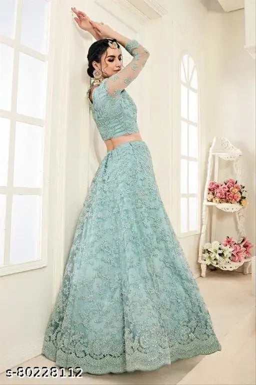 Silk-blend embroidered Indian lehenga set with net dupatta, semi-stitched and free size (Lehenga waist: 44in, Lehenga length: 56in), trendy women's fashion accessory