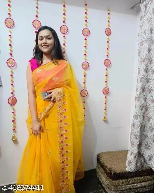 Yellow Pink Silicon Silk Net Zari Embroidery Saree with Separate Bangalore Silk Blouse, free size, heavy fabrics, India origin