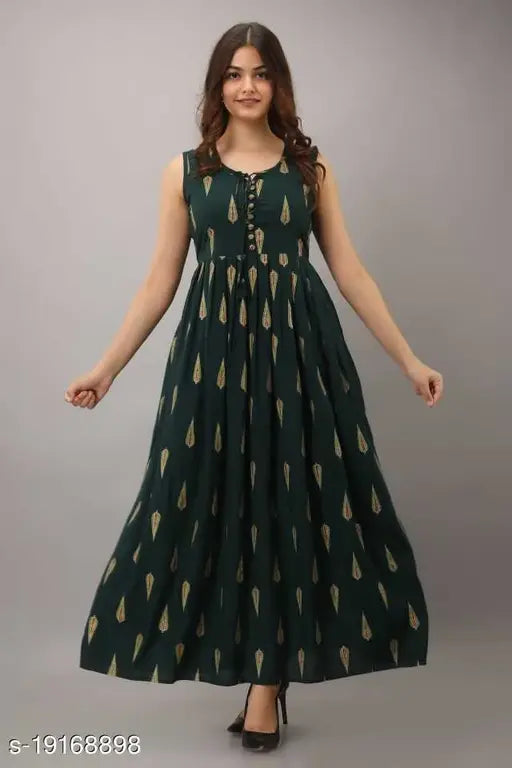 Dark green rayon sleeveless kurti with printed combo, JD brand - Indian fashion wear