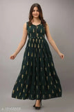 Dark green rayon sleeveless kurti with printed combo, JD brand - Indian fashion wear