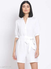 White polyester playsuit by Oxolloxo, featuring a solid color, regular fit, mock collar, V-neckline, short puffed sleeves, and a matching fabric belt. Made in India