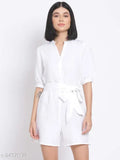 White polyester playsuit by Oxolloxo, mock collar with notched V-neckline and short puffed sleeves, includes matching belt. Basic yet chic, perfect for casual wear. Made in India