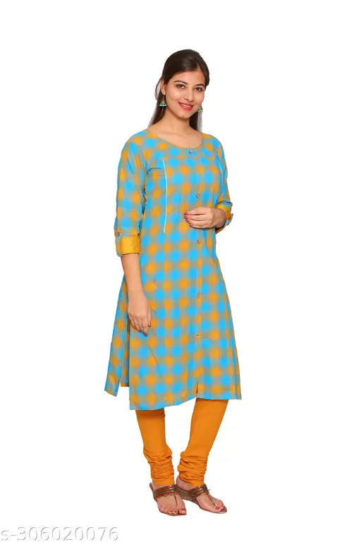 Blue mustard pure cotton checked three-quarter sleeve maternity kurti with zipper, for pregnancy and motherhood, India origin