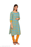 Blue mustard pure cotton checked three-quarter sleeve maternity kurti with zipper, for pregnancy and motherhood, India origin