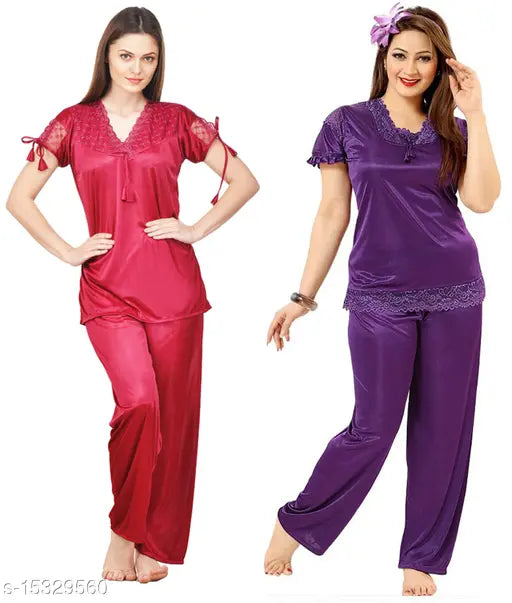 Stylish satin women's nightsuit combo (free size), solid pattern, short sleeves, Indian-made
