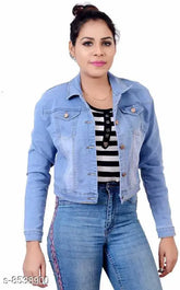 White denim full-sleeve jacket by Allen Ville, women's solid design with dyed/washed pattern, long sleeve length