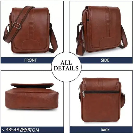 Black faux leather sling bag for men and boys, compact and supreme design with adjustable strap and multiple pockets, ideal for daily essentials, made in India