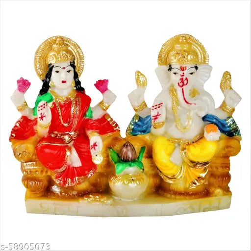 Multicolor Marble Laxmi Ganesh Idol Murti for Diwali Puja, 5-inch Indian God statuette of prosperity and wisdom
