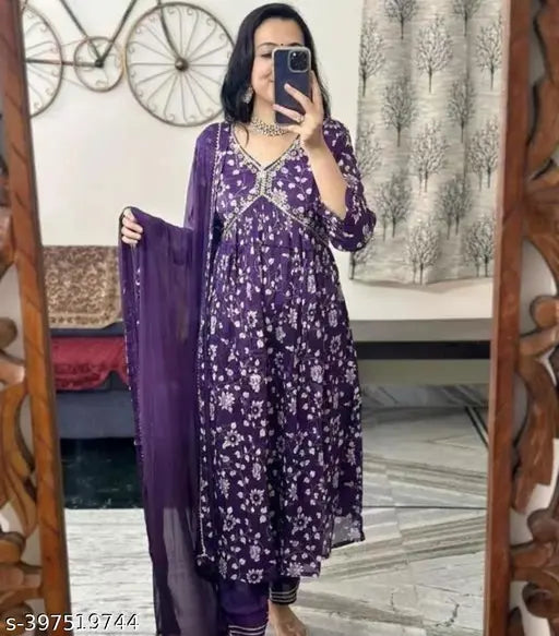 Rayon Alia Cut Embroidered Kurta Set with Pant and Dupatta - Beautiful print, three-quarter sleeves, various sizes available