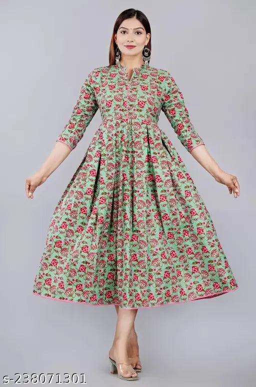 Cotton flared kurta, Mahi Star Fashion women's floral printed three-quarter sleeves, Indian fashion dress