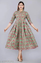 Mahi Star Fashion Women's floral printed flared cotton kurta, three-quarter sleeves, anarkali pleated, mandarin collar, India origin