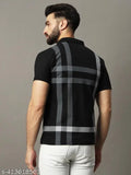 Blue cotton blend polo t-shirt for men, printed check pattern, short sleeves and straight hem from India