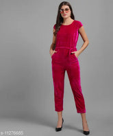 Pink plain velvet jumpsuit, size L (bust 40in, length 48in, waist 40in). Luxurious women's fashion for wintry events in India
