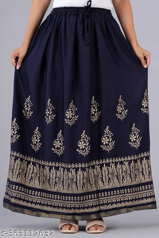 navy rayon printed net ped skirt for women and girls, size 24-XXL, Indian origin