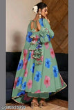 Georgette flowers printed Anarkali dress, traditional Indian outfit with dupatta and bottomwear. Sleeveless, vibrant floral design, party wear for women. Sizes: S, M, L, XL, XXL (Bust sizes: 36in, 38in, 40in, 42in, 44in). Made in India