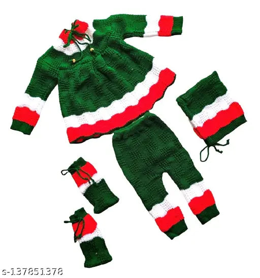 Woolen baby girl's high neck tie-up sweater set with pyjama cap and booties, self-design net pattern for winter wear (0-6M, 6-12M)