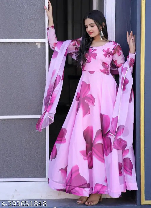 Georgette Dvd print gown, long sleeves, floral pattern, Indian origin