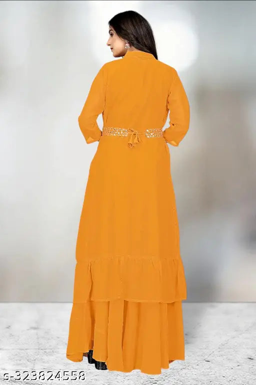 Georgette ethnic motifs embroidered top with three-quarter sleeves and palazzos, Indian craftwork in focus