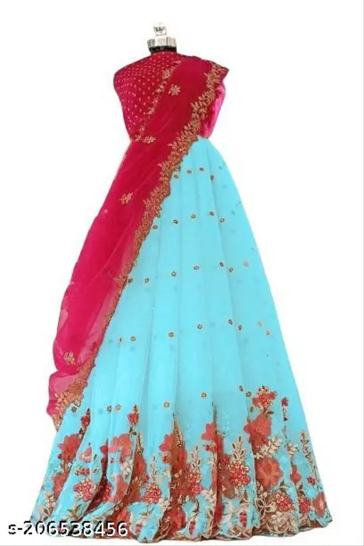 Blue dupion net embroidered lehenga choli with lace dupatta, polka dot and floral patterns, free size