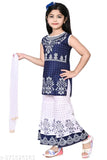 Navy Blue and White Printed Chanderi Cotton Kurta, Sharara Set with Dupatta for Girls - Indian fashion for ages 1-8 years