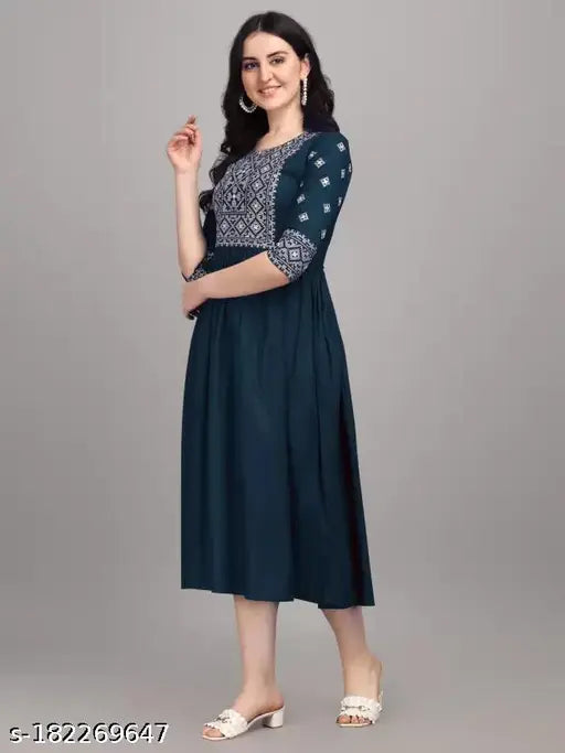Blue viscose Reyon Anarkali kurti with embroidered round neck, perfect for women's fashion events