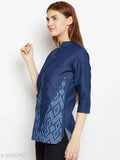 Navy blue laser printed denim tunic, stylish three-quarter sleeves, women's denim fashion