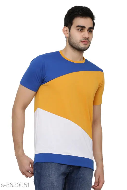 Multicolor cotton blend half-t shirt, colorblocked pattern, short sleeves, S-XL sizes, Indian origin