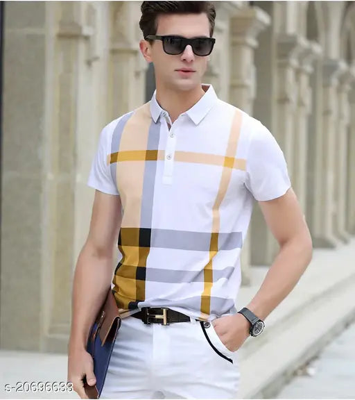 White cotton blend polo neck t-shirts for men, printed design on short sleeves - EyeBogler brand