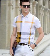 White cotton blend polo neck t-shirts, men's printed with short sleeves and vibrant patterns, made in India