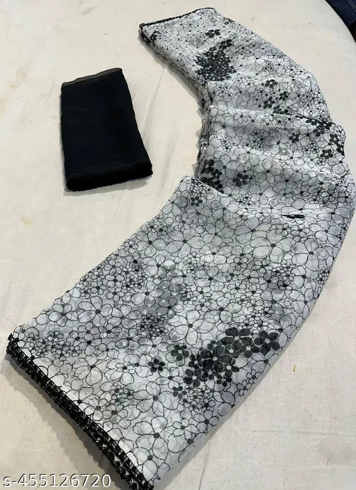 Chiffon designer saree, embellished solid net, free size (5.5m length)