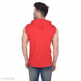 Red cotton blend sleeveless hood T-shirt by Tfurnish, perfect for casual wear