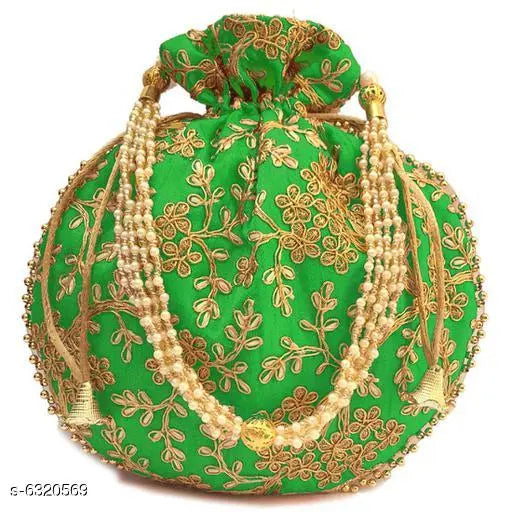 Multicolor synthetic embroidered net Rajasthani Potli bag, free-size handbag from India