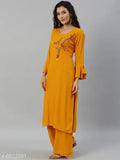 Women's rayon solid long kurti with palazzos, vibrant Indian fashion outfit on model