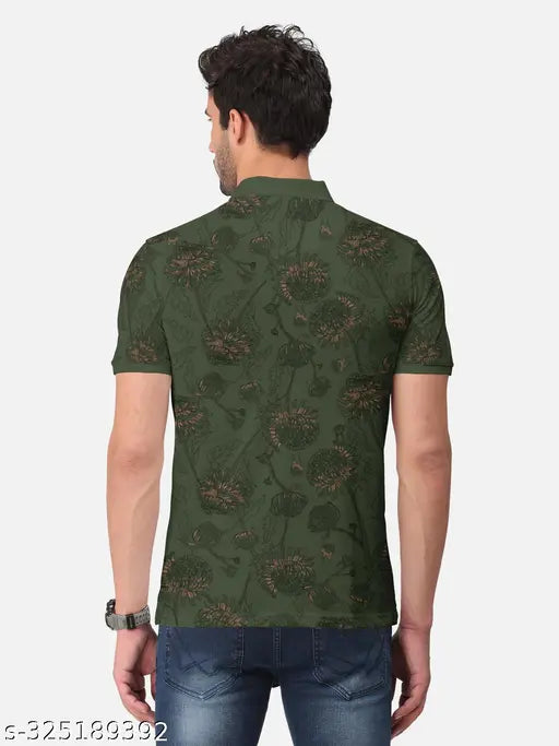 Olive cotton blend polo t-shirt for men with all-over print, perfect for stylish comfort wear