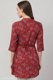 Maroon rayon floral tunic for women, pleated with attached side belts and 3/4 sleeves, maroon color