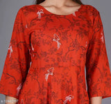 Printed red rayon anarkali kurti for women, three-quarter sleeves, vibrant Indian fashion