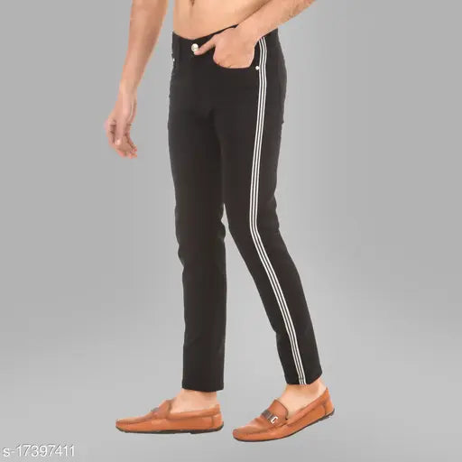 Black cotton blend men's denim jeans with stripe pattern, slim fit and curved pocket design