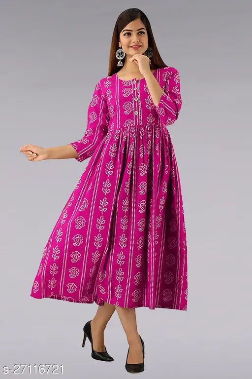 Rayon three-quarter sleeve Aagam Drishya printed kurti in sizes M (40in bust, 47in length) and L (42in bust, 47in length), Indian ethnic wear for women