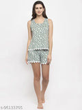 Cotton nightsuit for women - printed net hosiery, sleeveless short and top