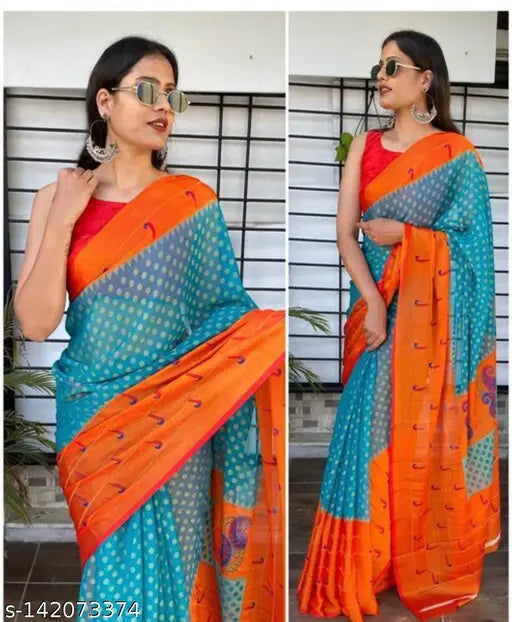 Blue Brasso chiffon printed saree with separate blouse, Indian party wear chiffon saree featuring lace border and dusty print design
