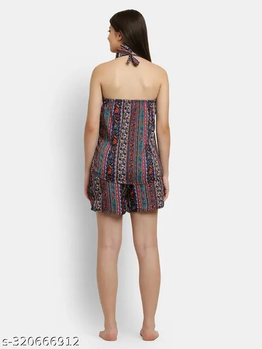 Inaaya crepe nightsuit set, printed net design, XL & XXXL sizes, Indian origin