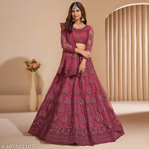 Dark pink embroidered net Lehenga with dupatta, semi-stitched (LW42in/LL42in/DL2.5in)