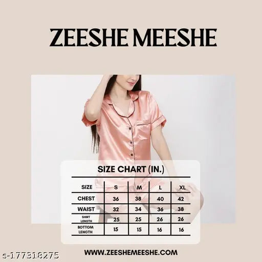 Satin night suit set, ZEESHE MEESHE women's solid plain shirt & shorts, satin fabric, short sleeves, India-made