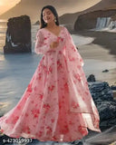 Premium export quality light pink gown with lace, printed net, and floral pattern. Georgette material, long sleeves. Perfect for parties, great women and girls' fancy wear