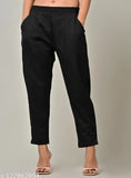 Black cotton solid trousers by Rakshita Fashions, ankle length with pleats detailing, side pockets, elasticated back, suitable for casual, daily use, office wear, and travel