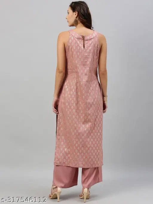 Pink cotton sleeveless kurta plazzo set, Zari woven net festive party wear for women